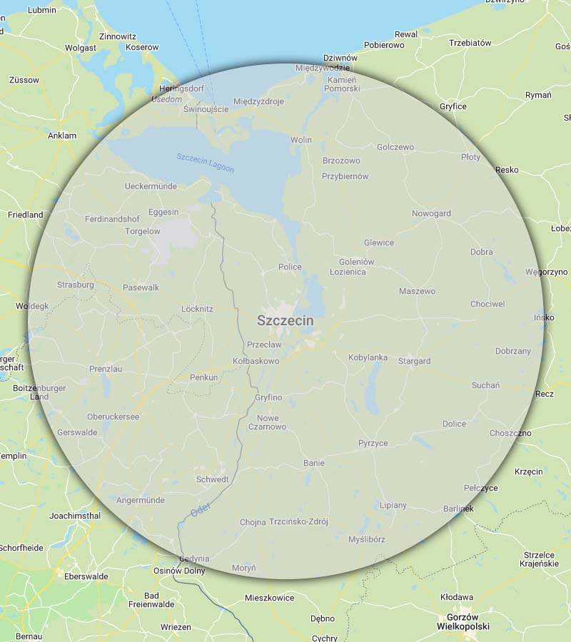 Mapa z zaznaczonym obszarem Szczecin i okolice obsługiwanym przez mobilną wulkanizację Wulkanizatornia.pl