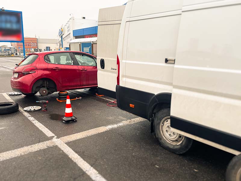 Mobilna wulkanizacja szczecin mobilna wymiana opon w czerwonym samochodzie Peugeot na parkingu sklepowym